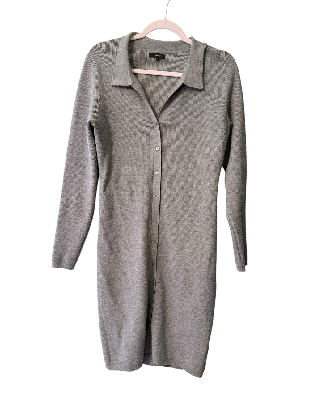 Quince Eco-Knit Button-Up Sweater Dress Large Gray Ribbed Collared Midi - Picture 2 of 6
